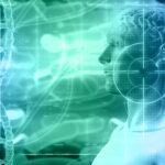 3d medical background with male figure with brain and dna strand