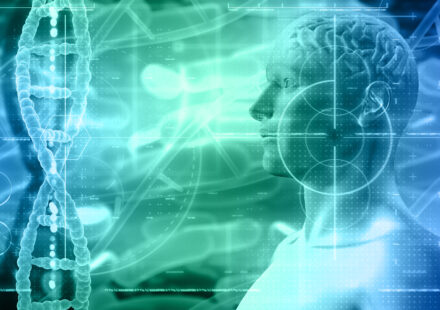 3d medical background with male figure with brain and dna strand