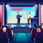 business conference or seminar in auditorium hall. speaker on podium giving presentation to audience in seats, event or forum convention in modern center.