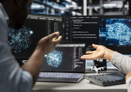 server farm engineering team looks at data analysis graph