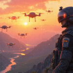 soldier with drones sunset