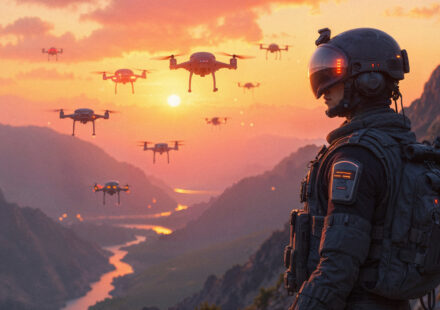 soldier with drones sunset